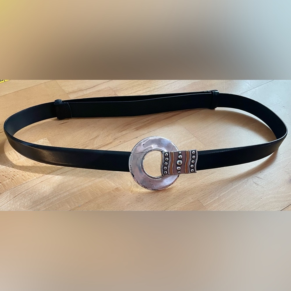 Chico’s dark brown split leather belt. Size XL Buckle is silver & gold.